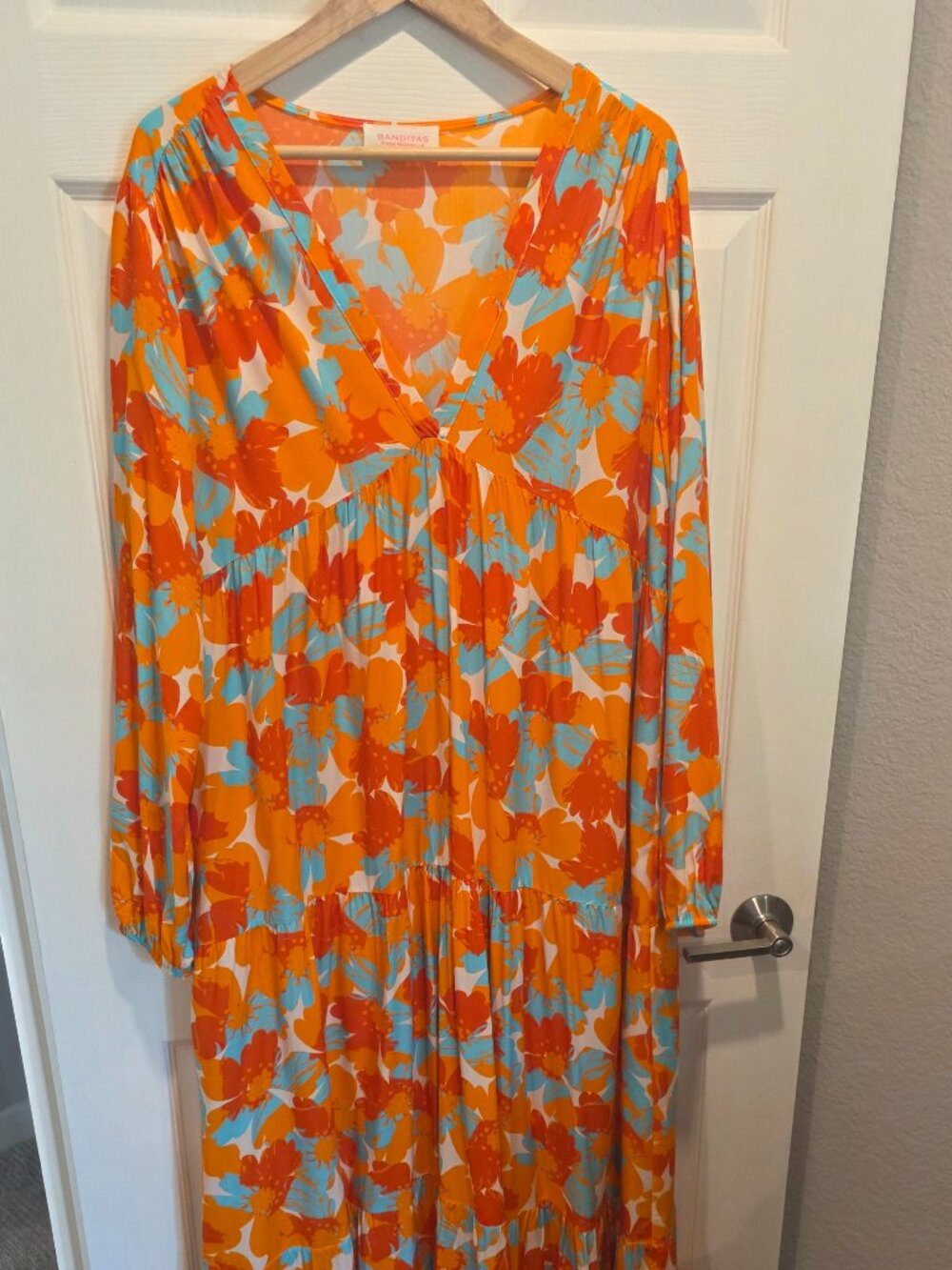 Banditas From Marseille Oversize Orange Blue Floral Boho Maxi Dress 100% Viscose